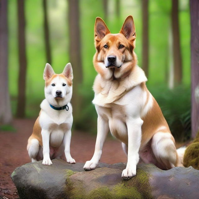 A white female dog with striking blue eyes and pointed ears is standing majestically on a rock