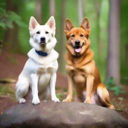 A white female dog with striking blue eyes and pointed ears is standing majestically on a rock