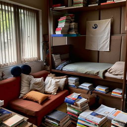 A 10x10 room of a dedicated UPSC aspirant filled with piles of books, showcasing a single mini bed and a comfortable sofa.