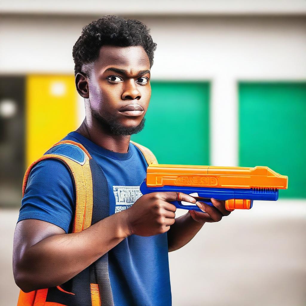 Generate an image of a man holding a Nerf gun in front of a school. The image should also include the title 'Deemer'.