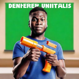 Generate an image of a man holding a Nerf gun in front of a school. The image should also include the title 'Deemer'.