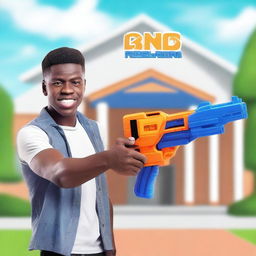 Generate an image of a man holding a Nerf gun in front of a school. The image should also include the title 'Deemer'.