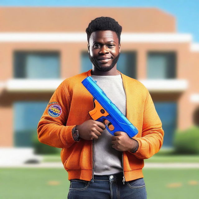 Generate an image of a man holding a Nerf gun in front of a school. The image should also include the title 'Deemer'.