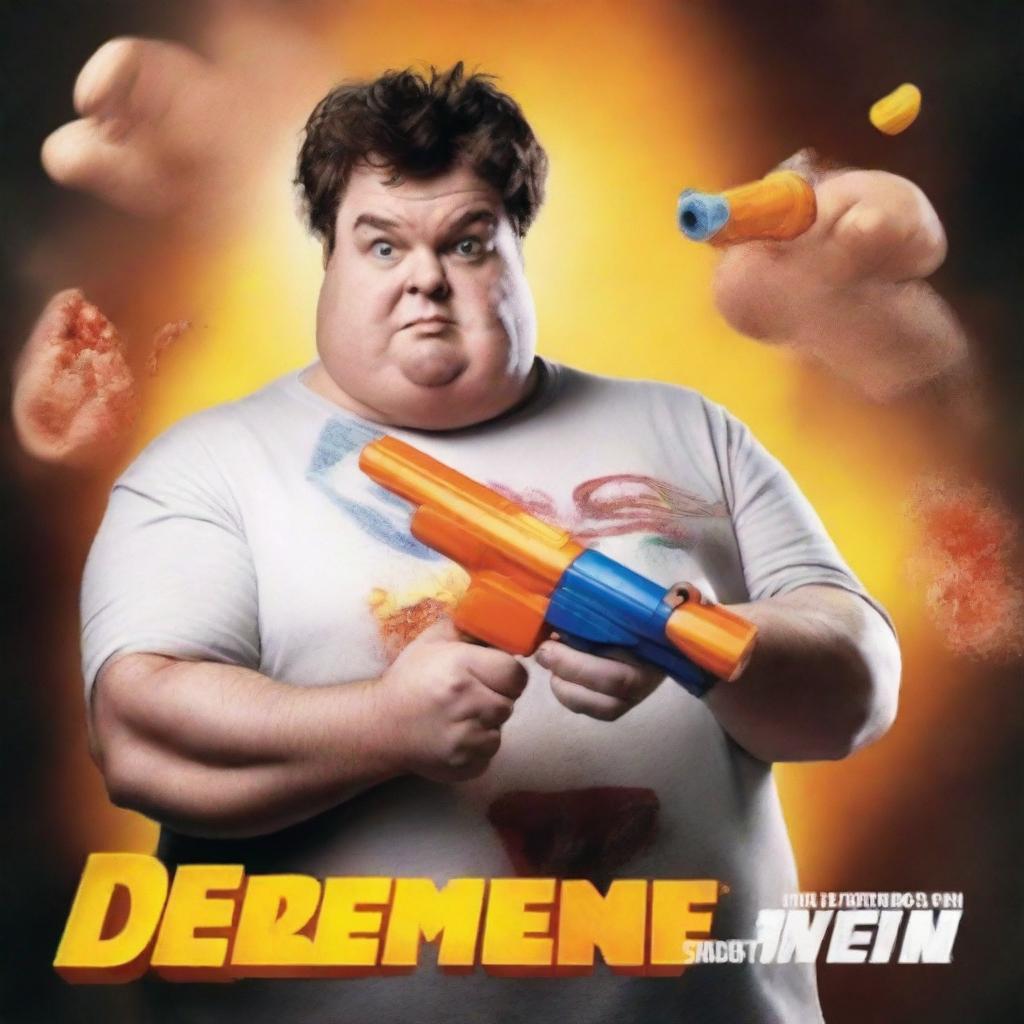 Generate a movie poster featuring a fat white man holding a Nerf gun. The title of the movie is 'DEEMER'.