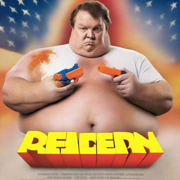 Generate a movie poster featuring a fat white man holding a Nerf gun. The title of the movie is 'DEEMER'.