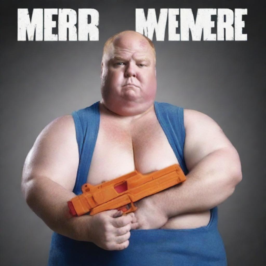 Generate a movie poster featuring a fat white man holding a Nerf gun. The title of the movie is 'DEEMER'.