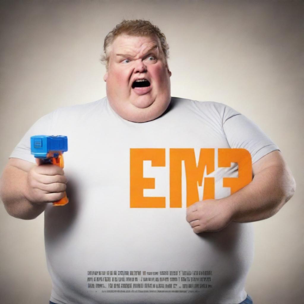 Generate a movie poster featuring a fat white man holding a Nerf gun. The title of the movie is 'D e e m e r'.