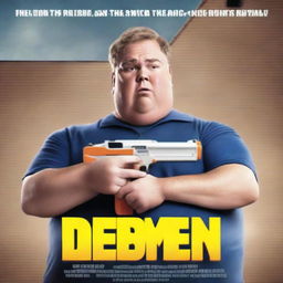 Generate a movie poster featuring an overweight white man holding a Nerf gun in front of a school