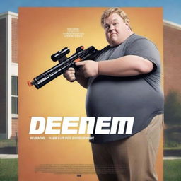 Generate a movie poster featuring an overweight white man holding a Nerf gun in front of a school