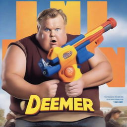 Generate a movie poster featuring an overweight white man holding a Nerf gun in front of a school