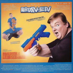 Generate a movie poster featuring an overweight white man holding a Nerf gun in front of a school