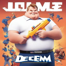 Generate a Disney-style movie poster featuring an overweight white man holding a Nerf gun in front of a school