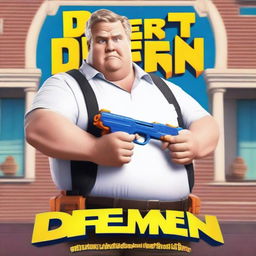 Generate a Disney-style movie poster featuring an overweight white man holding a Nerf gun in front of a school