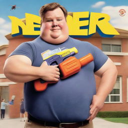 Generate a Disney-style movie poster featuring an overweight white man holding a Nerf gun in front of a school