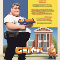 Generate a Disney-style movie poster featuring an overweight white man holding a Nerf gun in front of a school