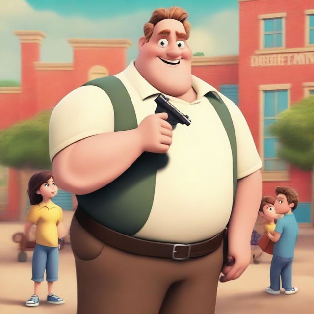 Generate a Disney-style movie poster featuring a slightly fat white man holding a fake gun in front of a children's school