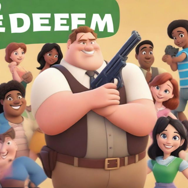 Generate a Disney-style movie poster featuring a slightly fat white man holding a fake gun in front of a children's school