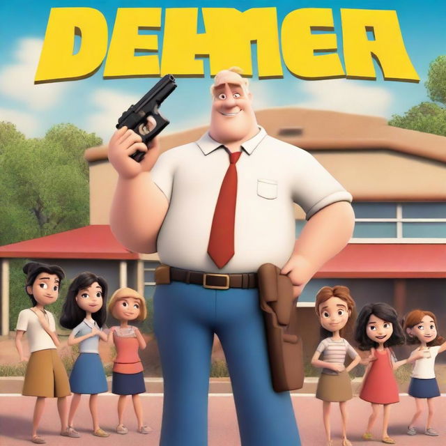 Generate a Disney-style movie poster featuring a slightly fat white man holding a fake gun in front of a children's school