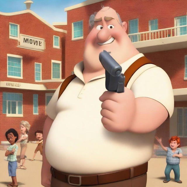 Generate a Disney-style movie poster featuring a slightly fat white man holding a fake gun in front of a children's school