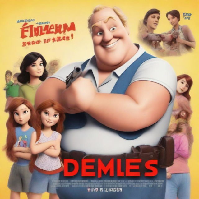 Generate a Disney-style movie poster featuring a slightly fat white man holding a fake gun in front of a children's school