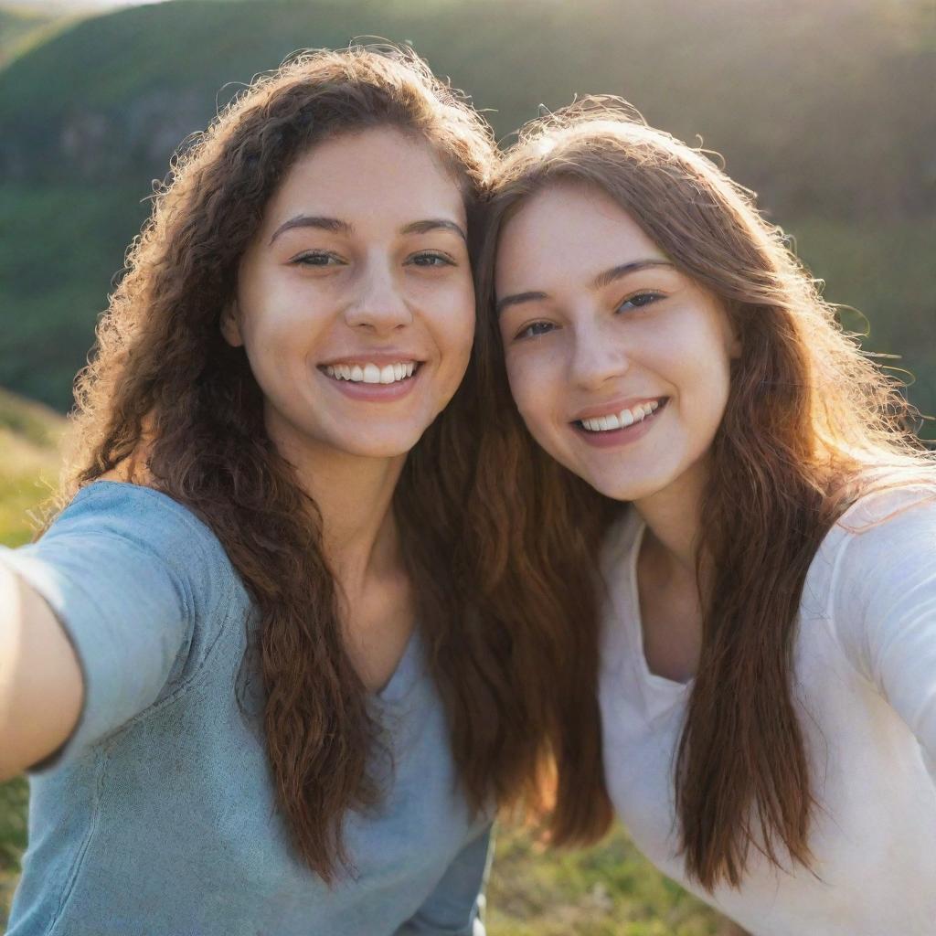 Two young women, best friends, smiling while taking a selfie in a scenic environment, bathed in warm sunlight.