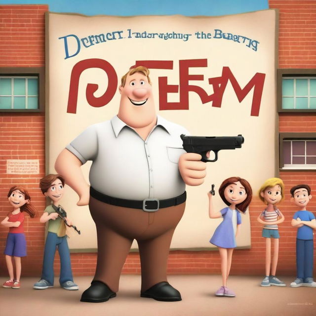 Create a Disney-style movie poster featuring a slightly overweight white man posing with a fake gun in front of a children's school