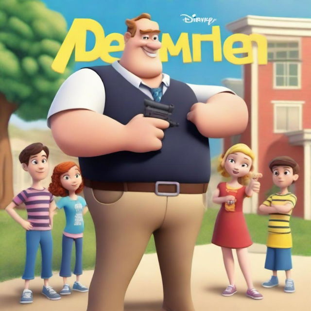 Create a Disney-style movie poster featuring a slightly overweight white man posing with a fake gun in front of a children's school