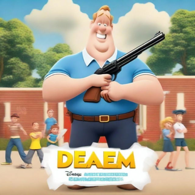 Create a Disney-style movie poster featuring a slightly overweight white man posing with a fake gun in front of a children's school