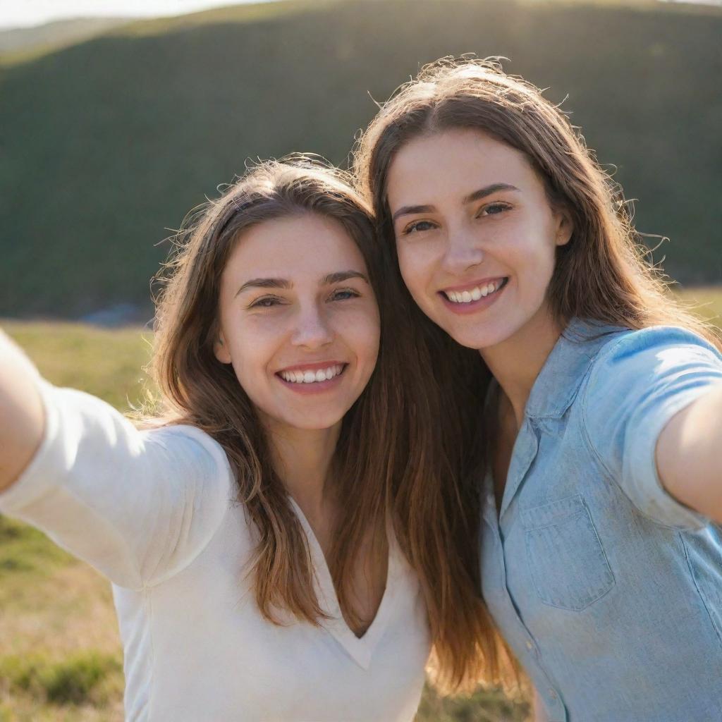 Two young women, best friends, smiling while taking a selfie in a scenic environment, bathed in warm sunlight.