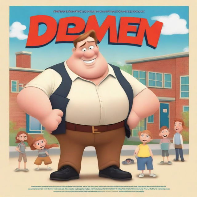 Create a Disney-style movie poster featuring a slightly overweight white man posing with a fake gun in front of a children's school