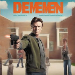 Create a movie poster featuring a man standing in front of a children's school, holding a toy gun