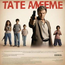 Create a movie poster featuring a man standing in front of a children's school, holding a toy gun