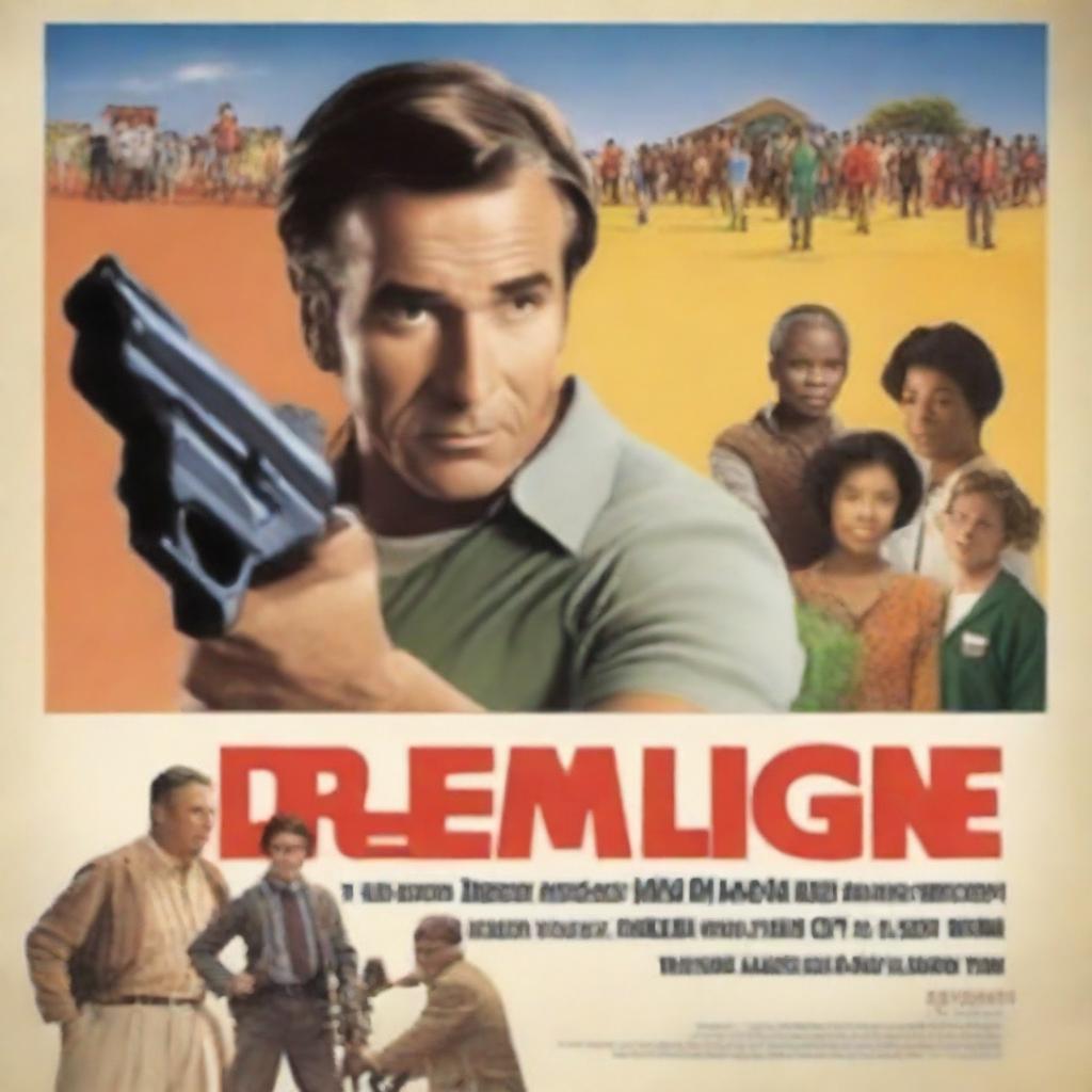 Create a movie poster featuring a man standing in front of a children's school, holding a toy gun