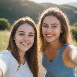 Two young women, best friends, smiling while taking a selfie in a scenic environment, bathed in warm sunlight.