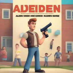 Create an animated movie poster featuring a man standing in front of a children's school, holding a toy gun