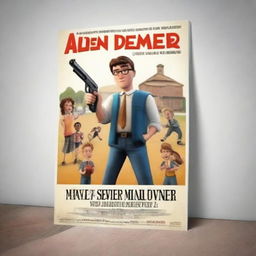 Create an animated movie poster featuring a man standing in front of a children's school, holding a toy gun