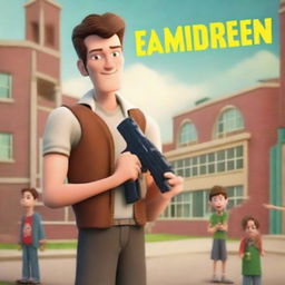 Create an animated movie poster featuring a man standing in front of a children's school, holding a toy gun