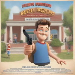 Create an animated movie poster featuring a man standing in front of a children's school, holding a toy gun