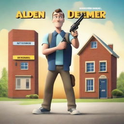 Create an animated movie poster featuring a man standing in front of a children's school, holding a toy gun