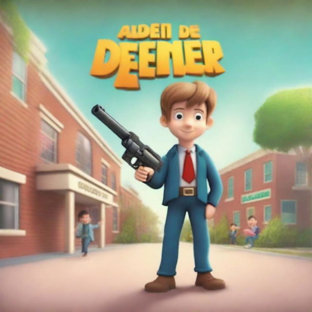 Create an animated movie poster featuring a man standing in front of a children's school, holding a toy gun