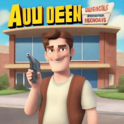 Create an animated movie poster featuring a man standing in front of a children's school, holding a toy gun