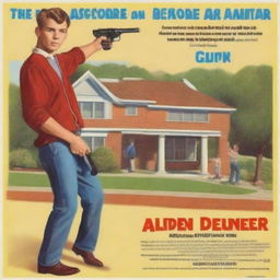 Create an animated movie poster featuring a man standing in front of a children's school, holding a toy gun