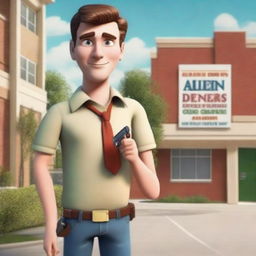 Create an animated movie poster featuring a man standing in front of a children's school, holding a toy gun