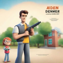 Create an animated movie poster featuring a man standing in front of a children's school, holding a toy gun