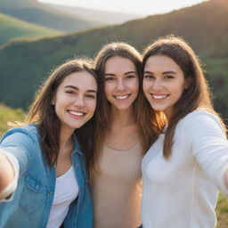 Two young women, best friends, smiling while taking a selfie in a scenic environment, bathed in warm sunlight.