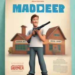 Create an animated movie poster featuring a man standing in front of a children's school, holding a toy gun