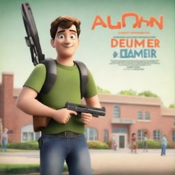 Create an animated movie poster featuring a man standing in front of a children's school, holding a toy gun