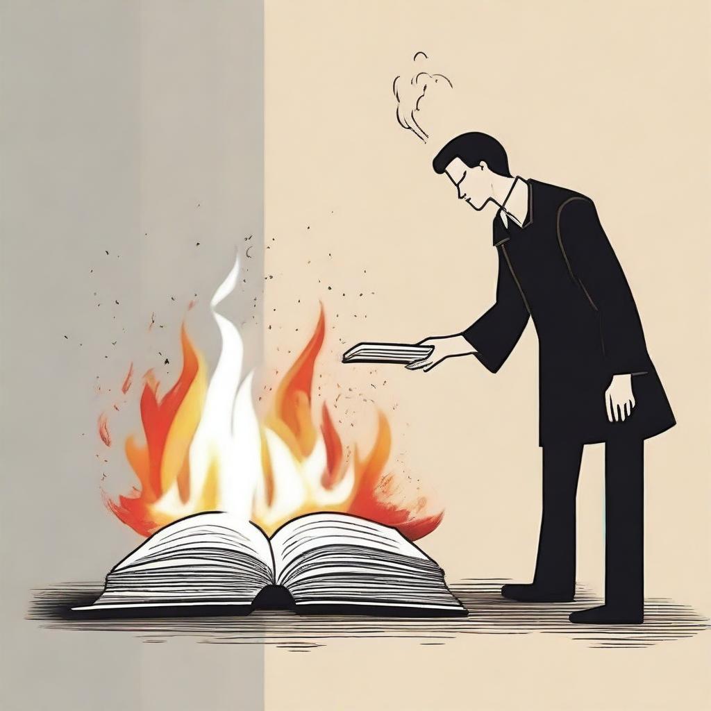 Visualize a dramatic scene where a person is closing a book, symbolizing the end of a chapter in life, while another person is burning a book, representing the complete end of a story or phase