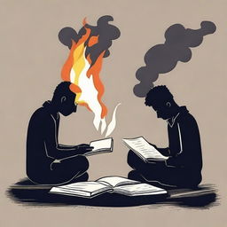 Visualize a dramatic scene where a person is closing a book, symbolizing the end of a chapter in life, while another person is burning a book, representing the complete end of a story or phase