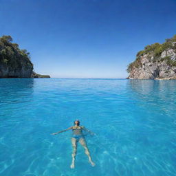 A vivid scene of a person gracefully swimming in a crystal clear swimming pool under a clear blue sky